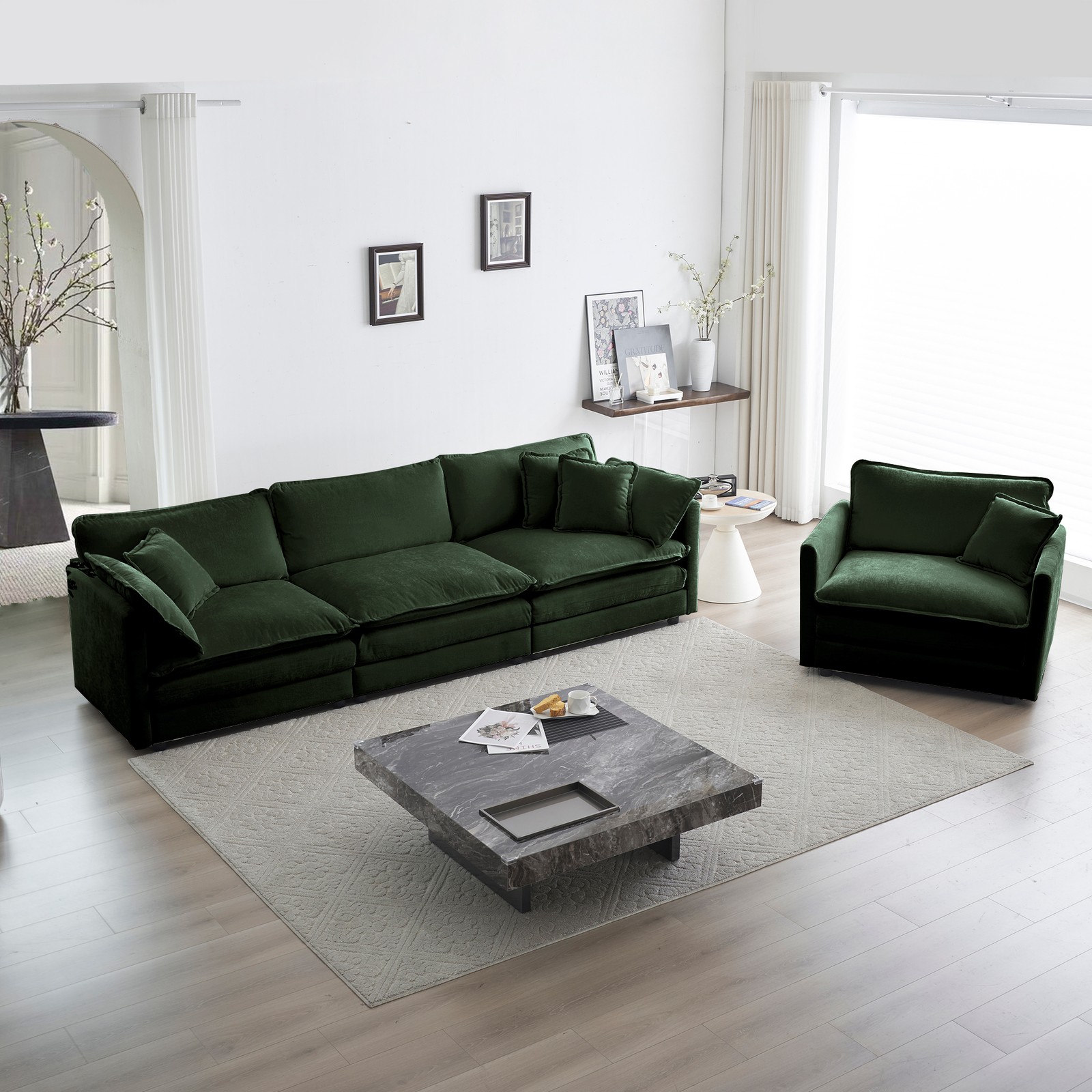 3 Piece Chenille Sectional Sofa Set Deep Seat Loveseat Armchair Green gallery