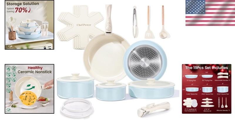 Light Blue Ceramic Nonstick Cookware Set 19pcs - Oven Safe gallery