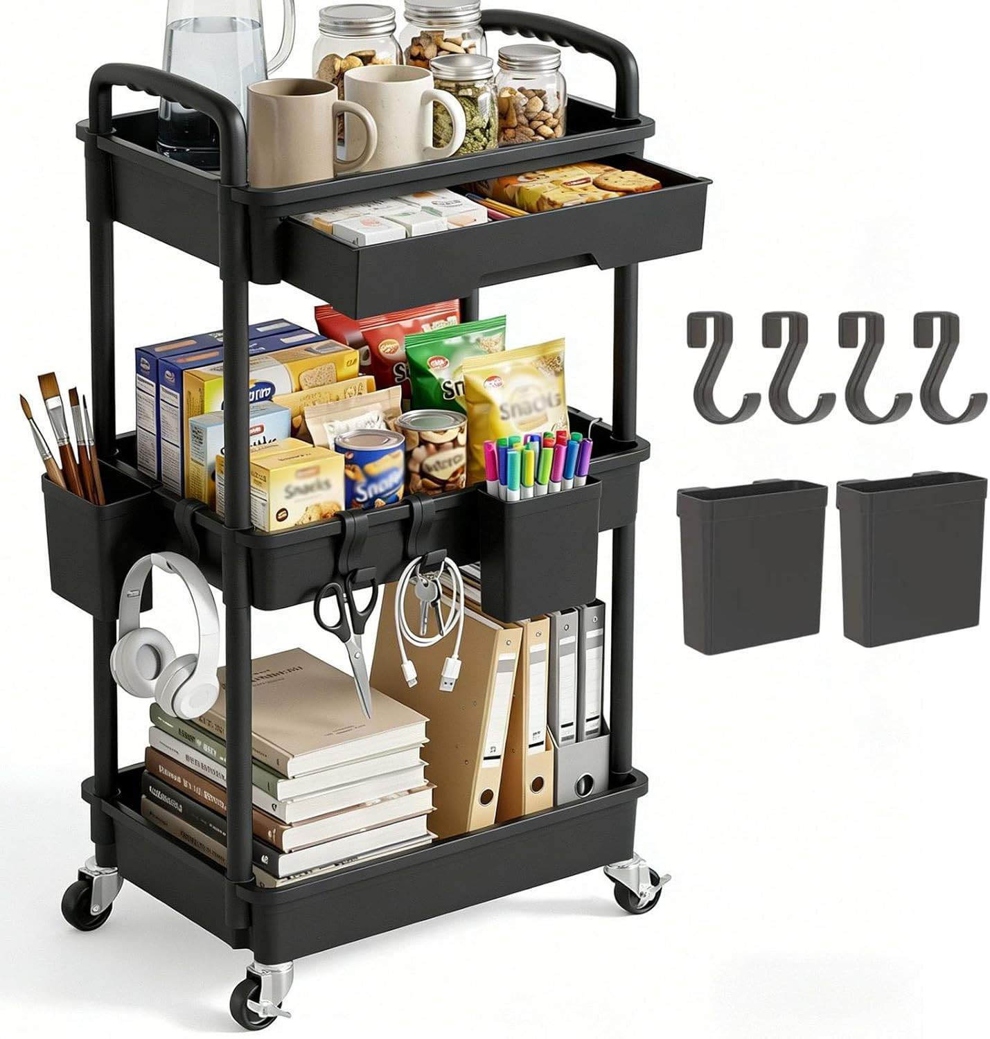 3 Tier Rolling Utility Cart with Drawer, Plastic Storage Organizer Rolling Carts gallery
