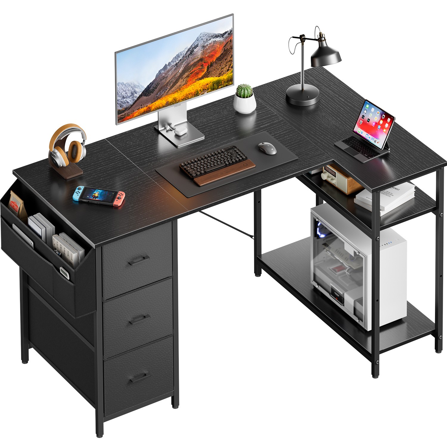 L Shaped Computer Desk with 3 Drawers & Adjustable Storage Shelves, Corner Desk gallery
