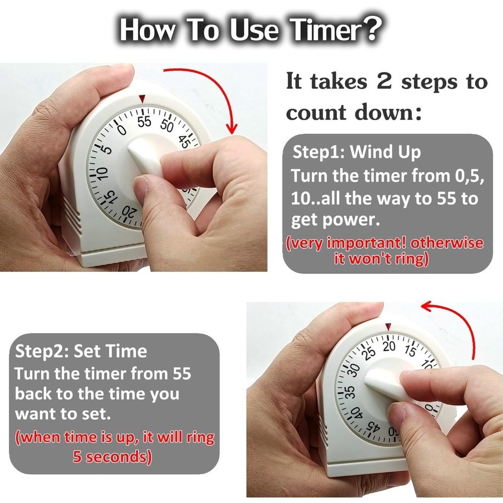 60 Minute Visual Mechanical Kitchen Timer with Loud Alarm Manual Wind Up gallery