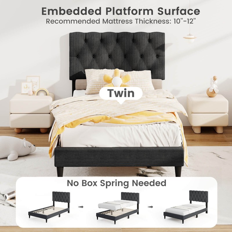 Twin Size Bed Frame with Button-Tufted Headboard & Wooden Slats Easy Assembly gallery