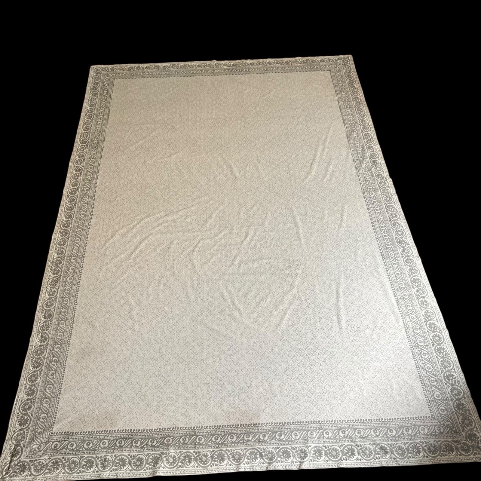 VTG Tablecloth Linen Cream Gold Stipe Lace Beaded Trim 95x58” Cottagecore gallery