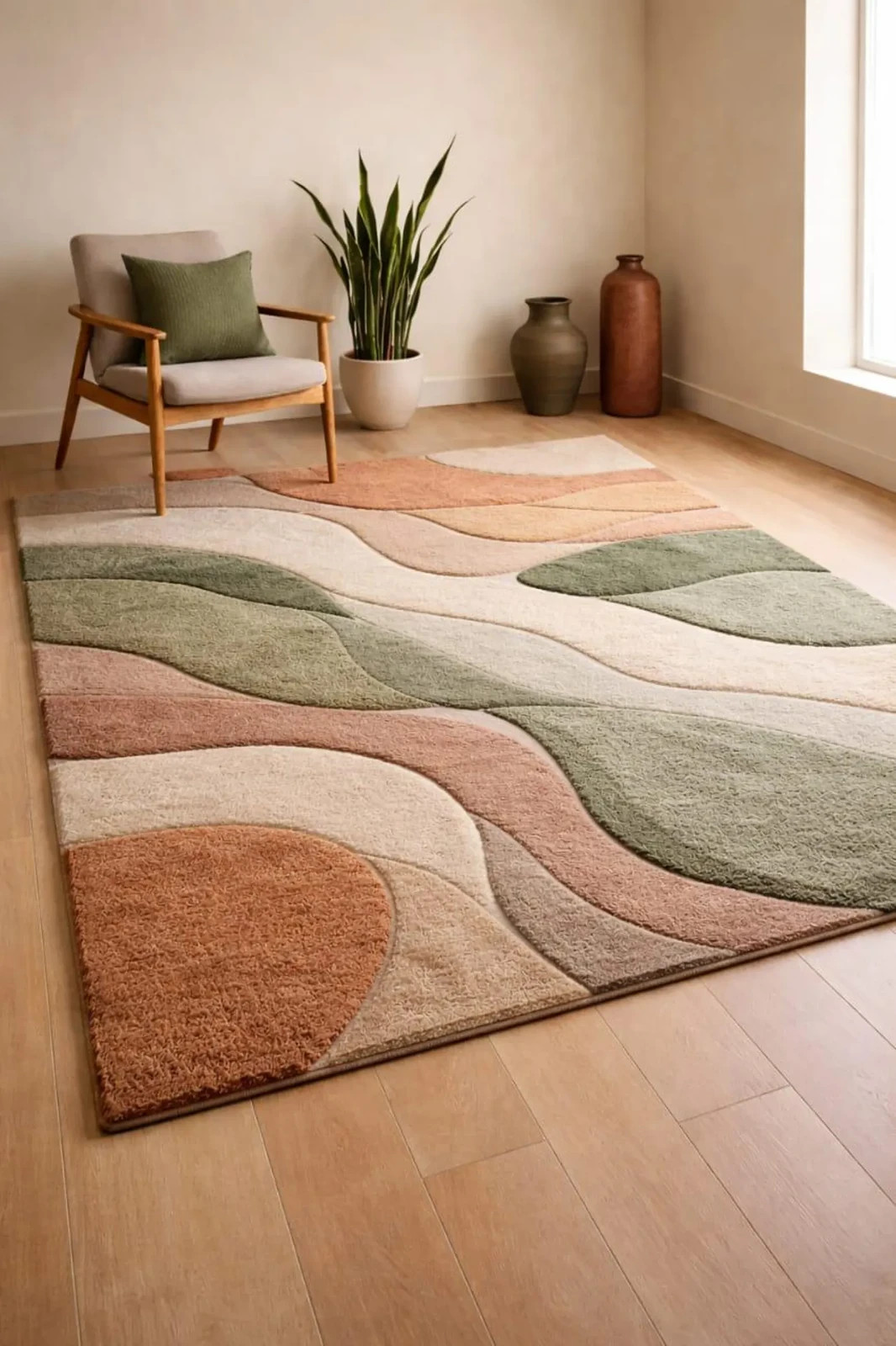 Modern Abstract Hand Tufted Area Rug in Sage Green Terracotta & Beige, High Low gallery