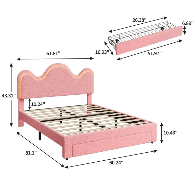 Queen Bed Frame with Adjustable Wavy Headboard and Storage Drawer, Upholstere... gallery