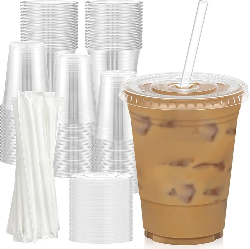 100 Pack - 16 oz Clear Plastic Cups with Lids and Straws, Sturdy & Food Safe ... gallery