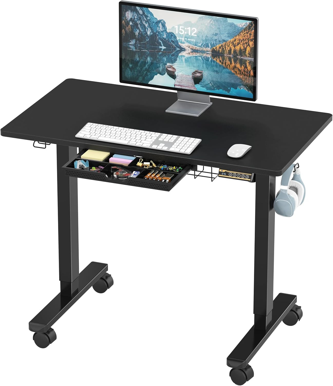SHW 40-Inch Mobile Electric Height Adjustable Sit to Stand Desk with Drawer, Han gallery