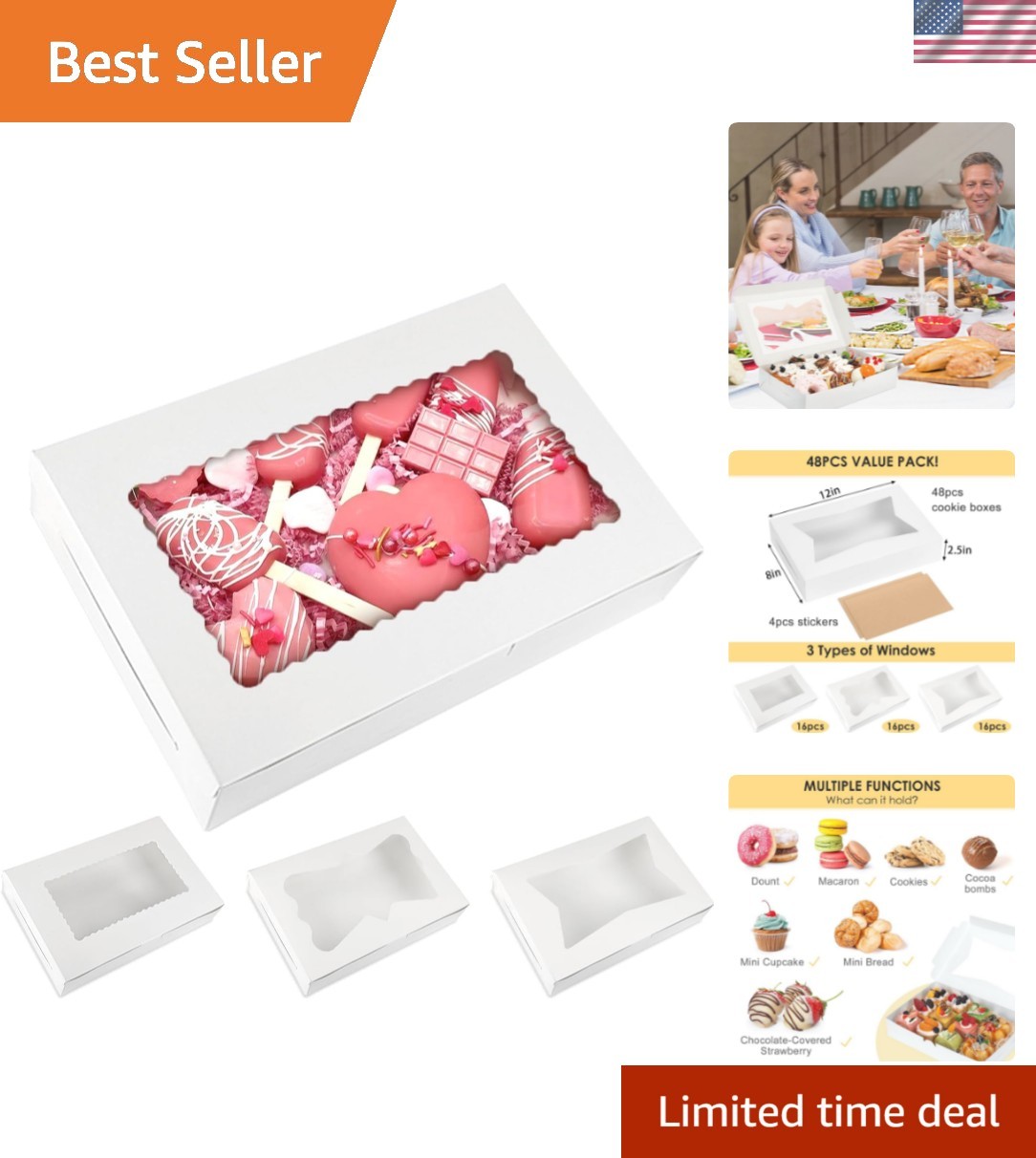 48pcs Bakery Boxes,12x8x2.5 Inches Cookie Boxes with 3 Style Window for Choco... gallery