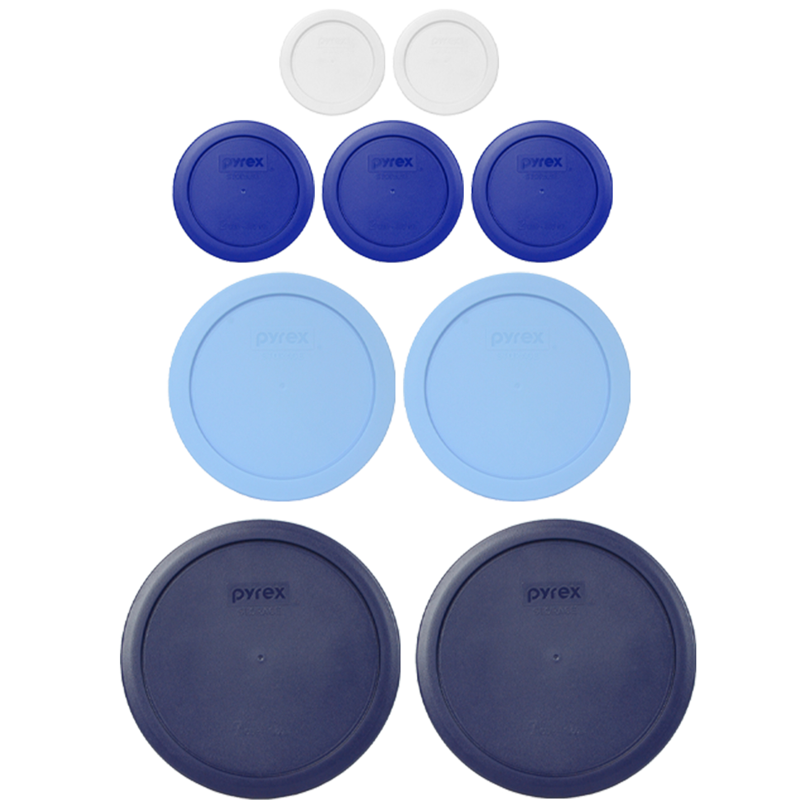Pyrex (2) 7202-PC White Lids, (3) 7200-PC Cadet Blue Lids, (2) 7201-PC Blue Cor gallery