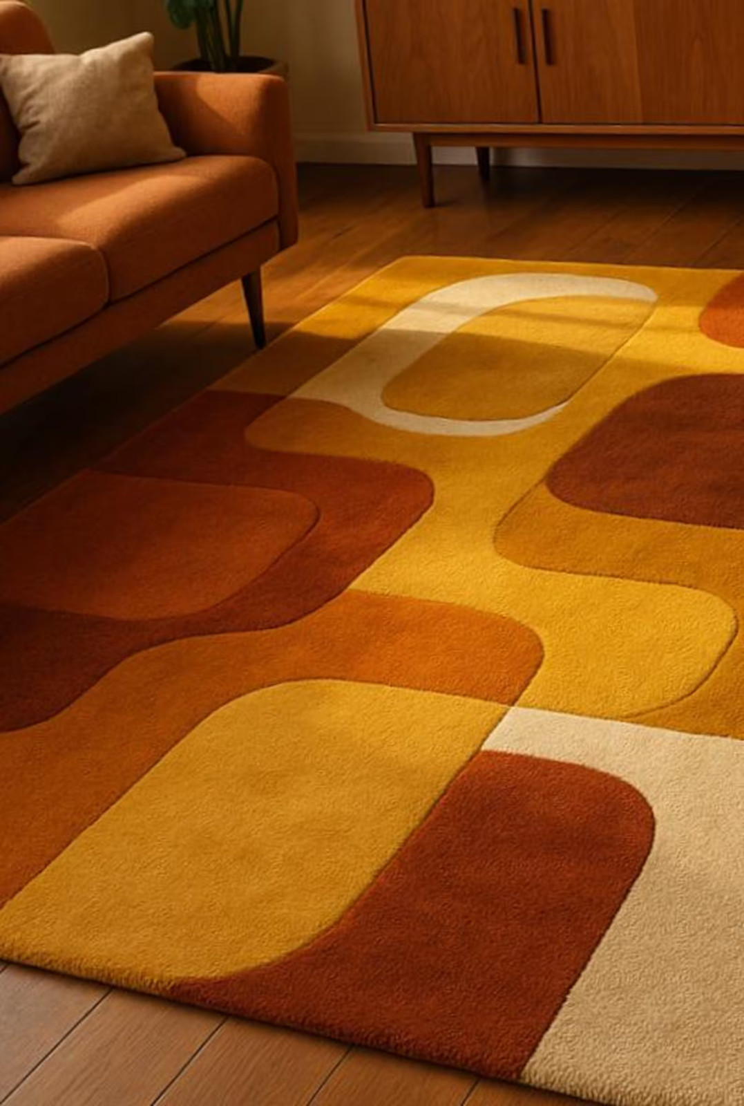 Mid Century Modern Wool Rug | Retro Geometric Area Rug | Burnt Orange Mustard gallery