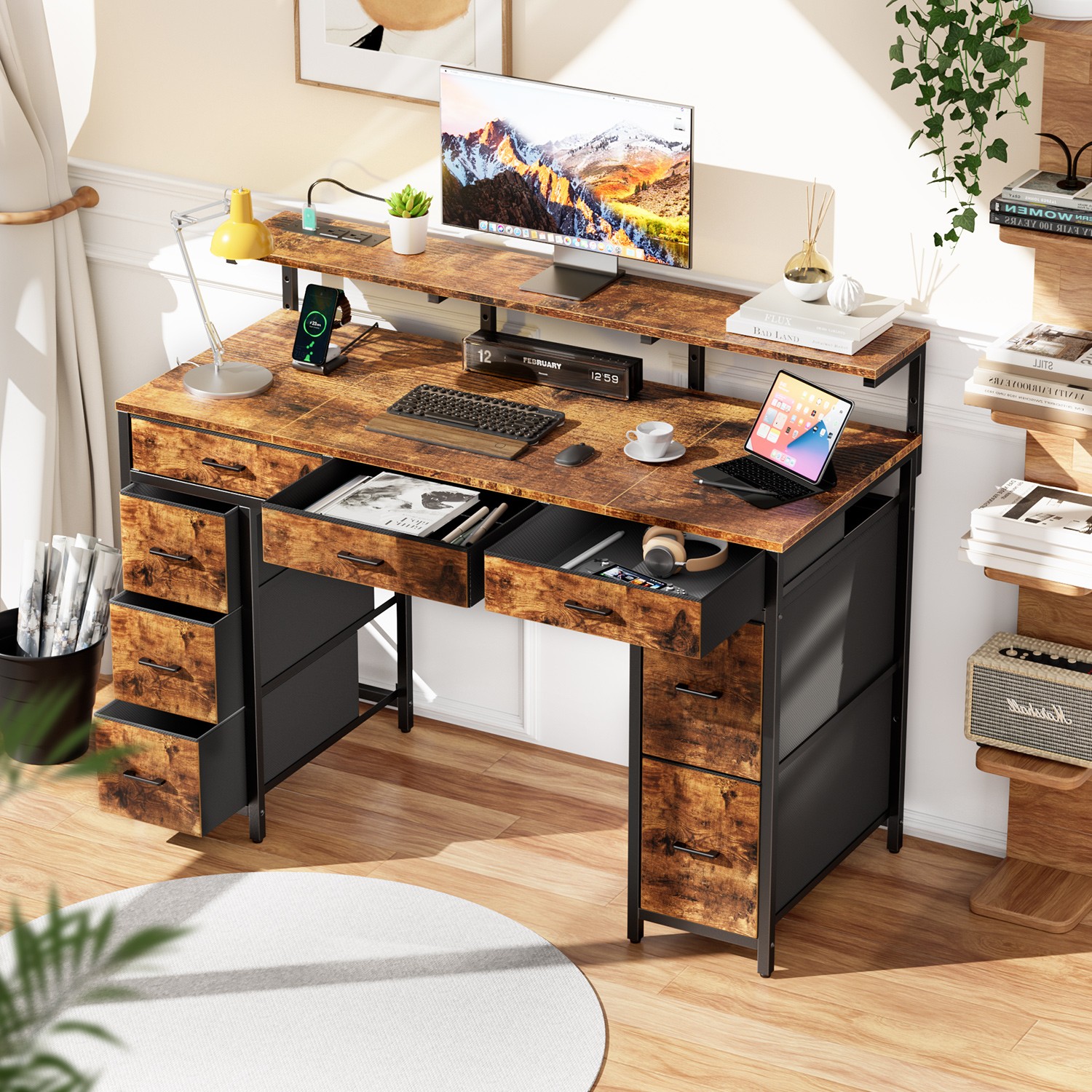 47 Inch Computer Desk with 8 Drawers, Office Desk with Power Outlets & LED Light gallery