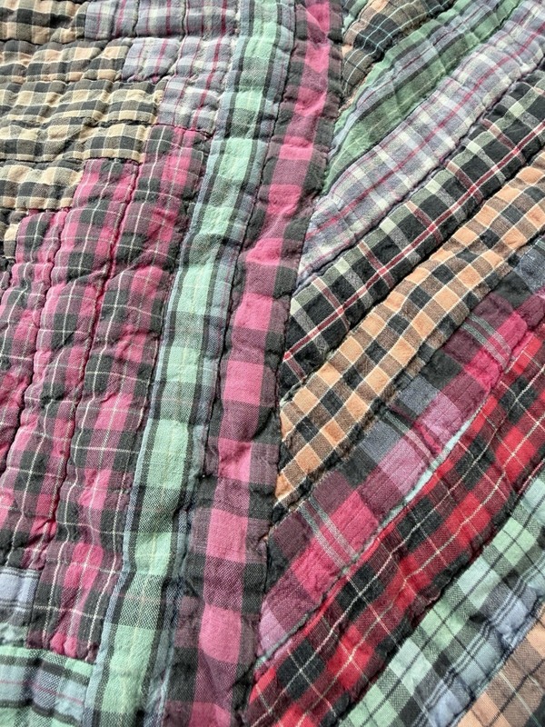 VINTAGE IMPRESSIONS PATCHWORK MADRAS PLAID GREEN BLUE FULL QUILT 80x89 Hand Sewn gallery