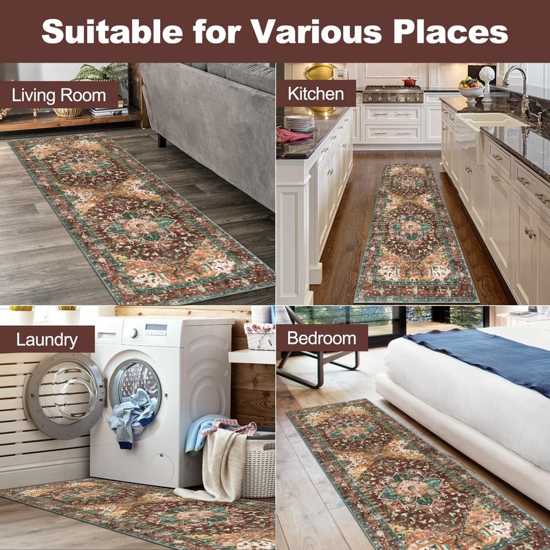 Yamaziot Washable Runner Rug, 2x6 Non-Slip Boho 2' x 6', Rust/Dull Teal gallery