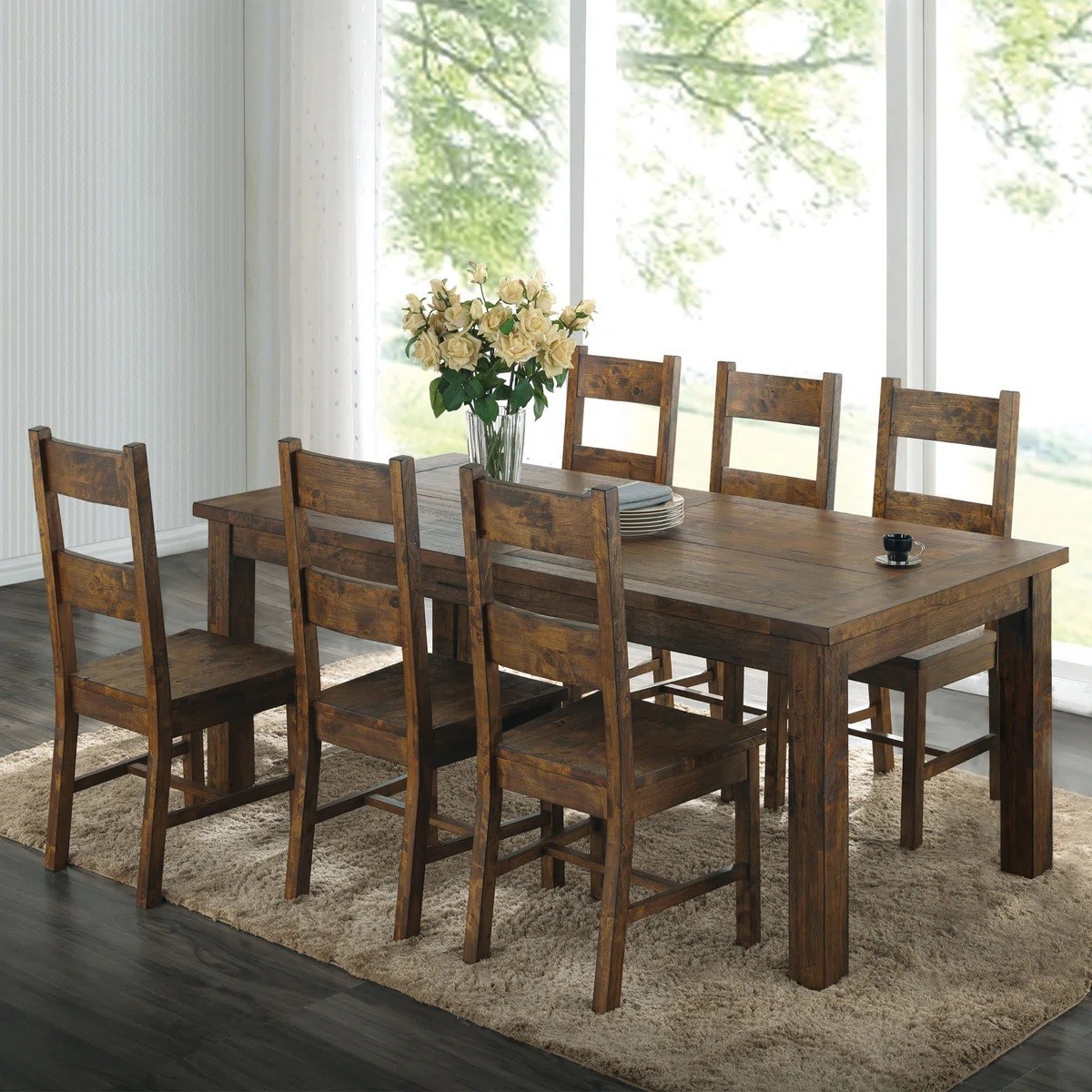 7 Pc Dining Set Table and/or 6 Tall Ladderback Solid Chairs Brown Rustic 300 lb gallery