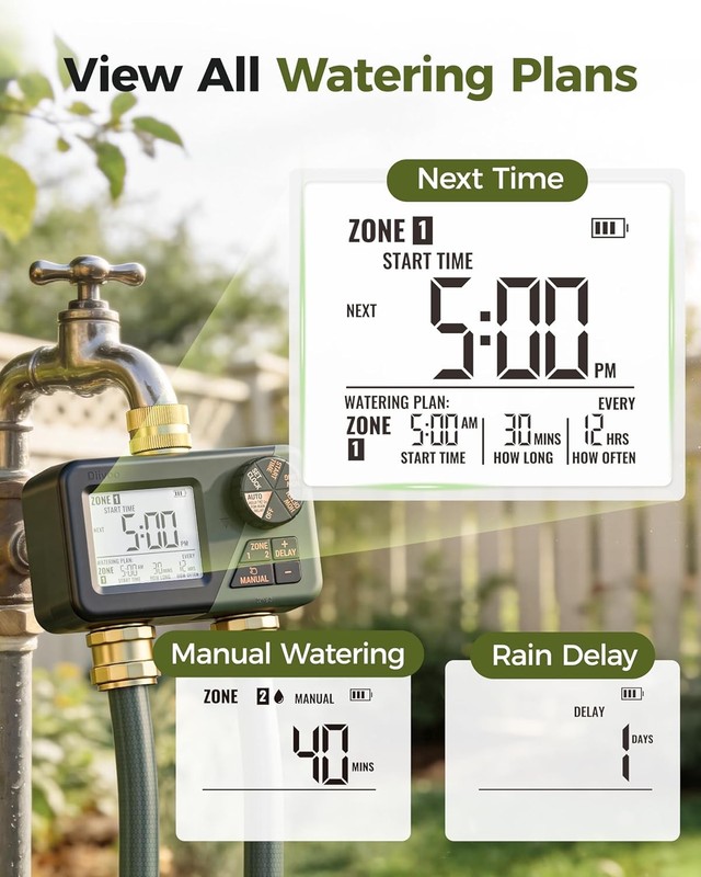 Sprinkler Timer 2 Outlet Water Hose Timer Rain Delay Manual Watering for Garden gallery