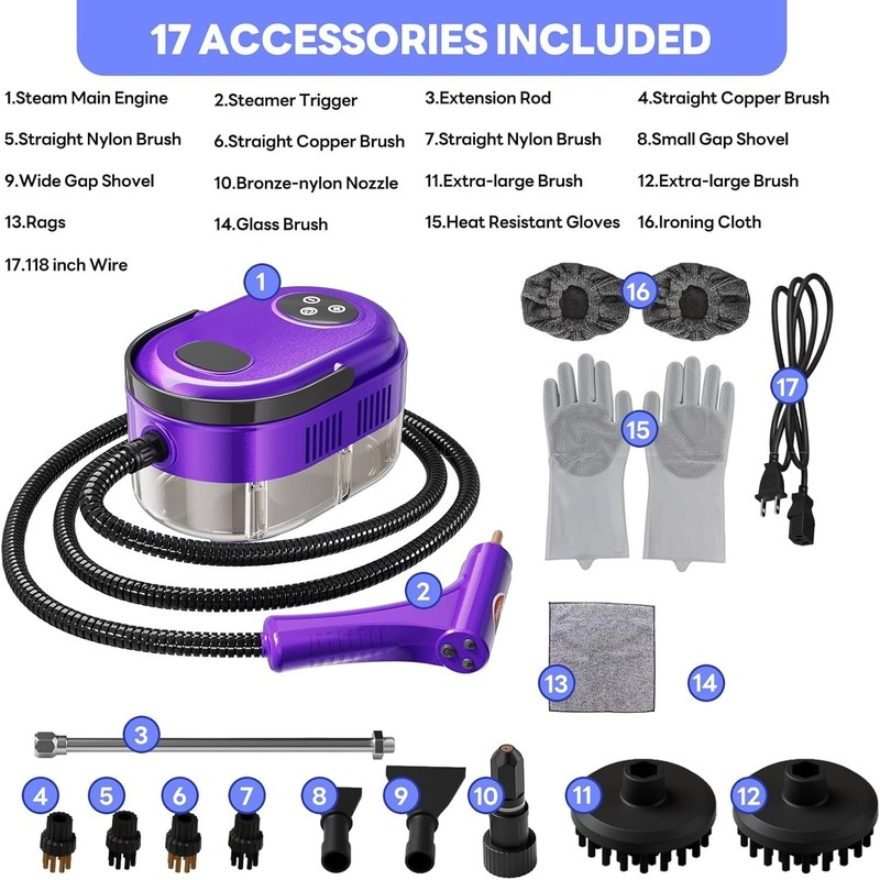 Fast Heating Handheld Steam Cleaner - 15-in-1 High Pressure for Home & Car gallery