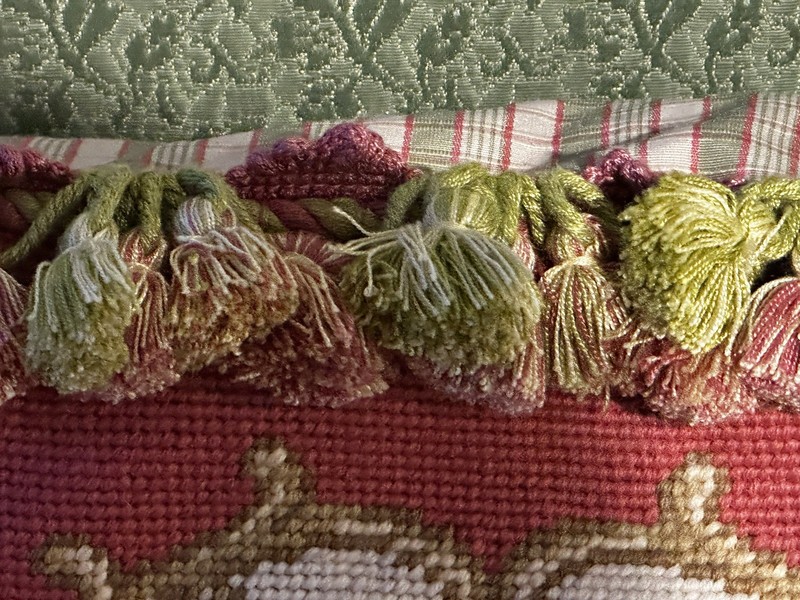 WOOL Needlepoint PETIT POINT w/Tassel Trim AUBUSSON Throw Pillow Roses 18x18 gallery
