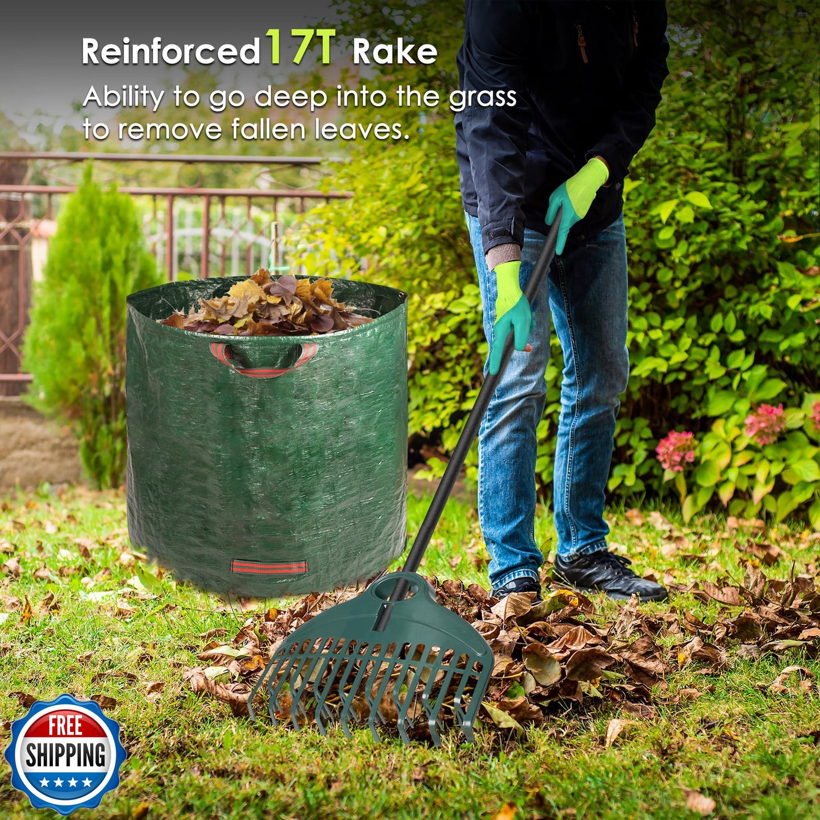 ORIENTOOLS 17Tines Double Row Garden Rake Set with 9Tines Leaf Hand Rakes, 27 gallery