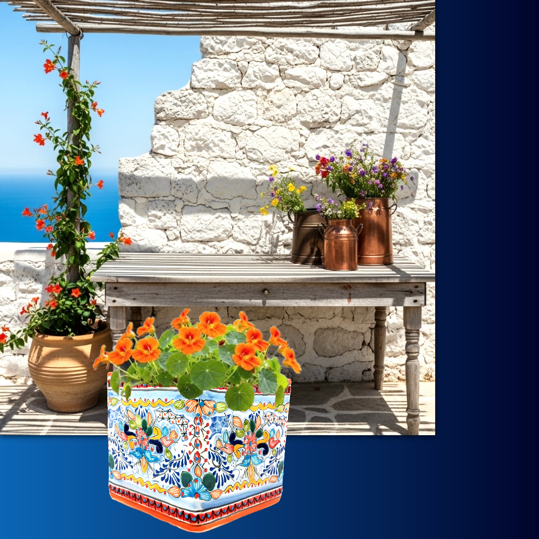 Talavera Pottery Planter Mexican Ceramic Flower Pot Puebla Blue Square 8in gallery