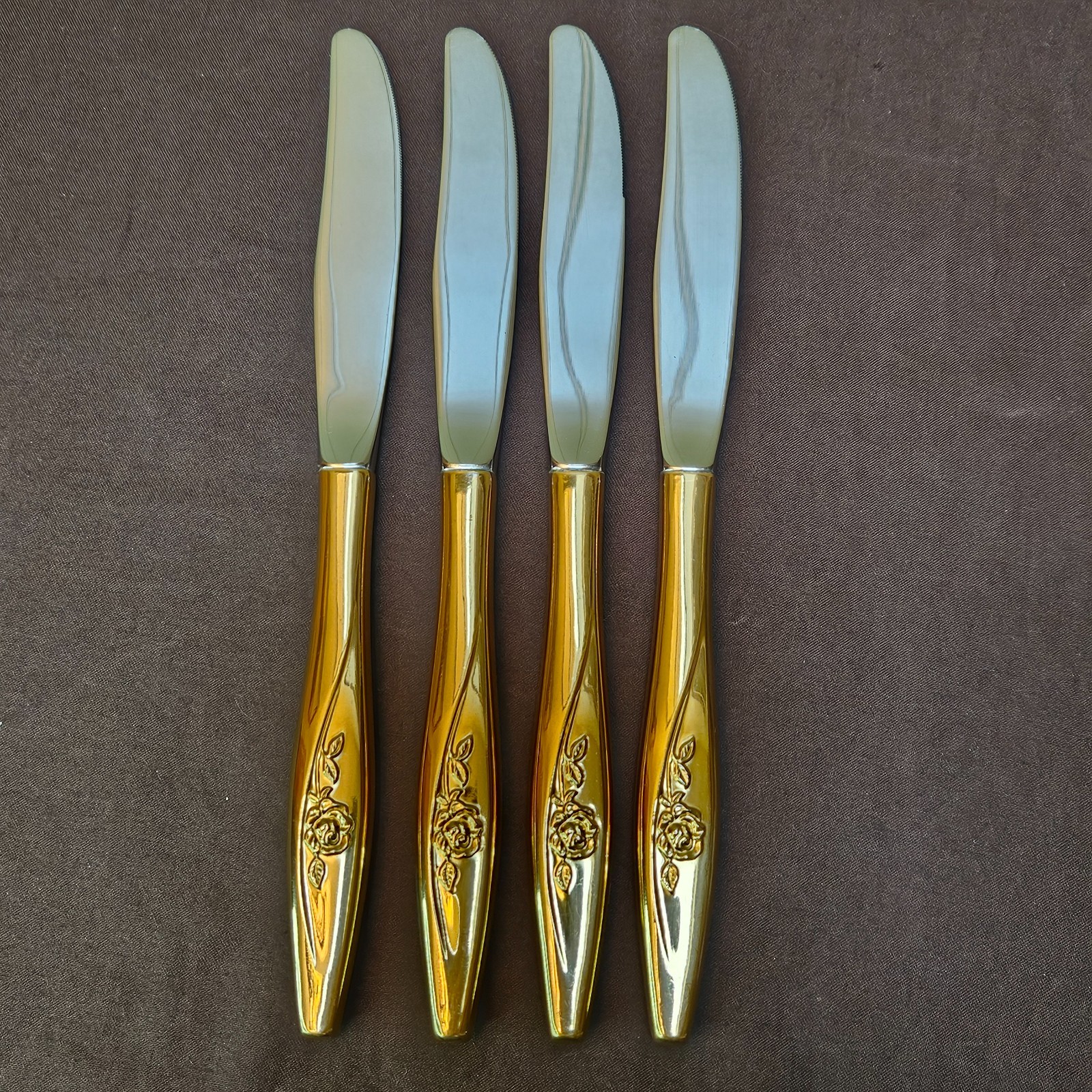 Oneida LASTING ROSE Stainless Flatware Gold Plated Handle Dinner Knife Lot of 4 gallery
