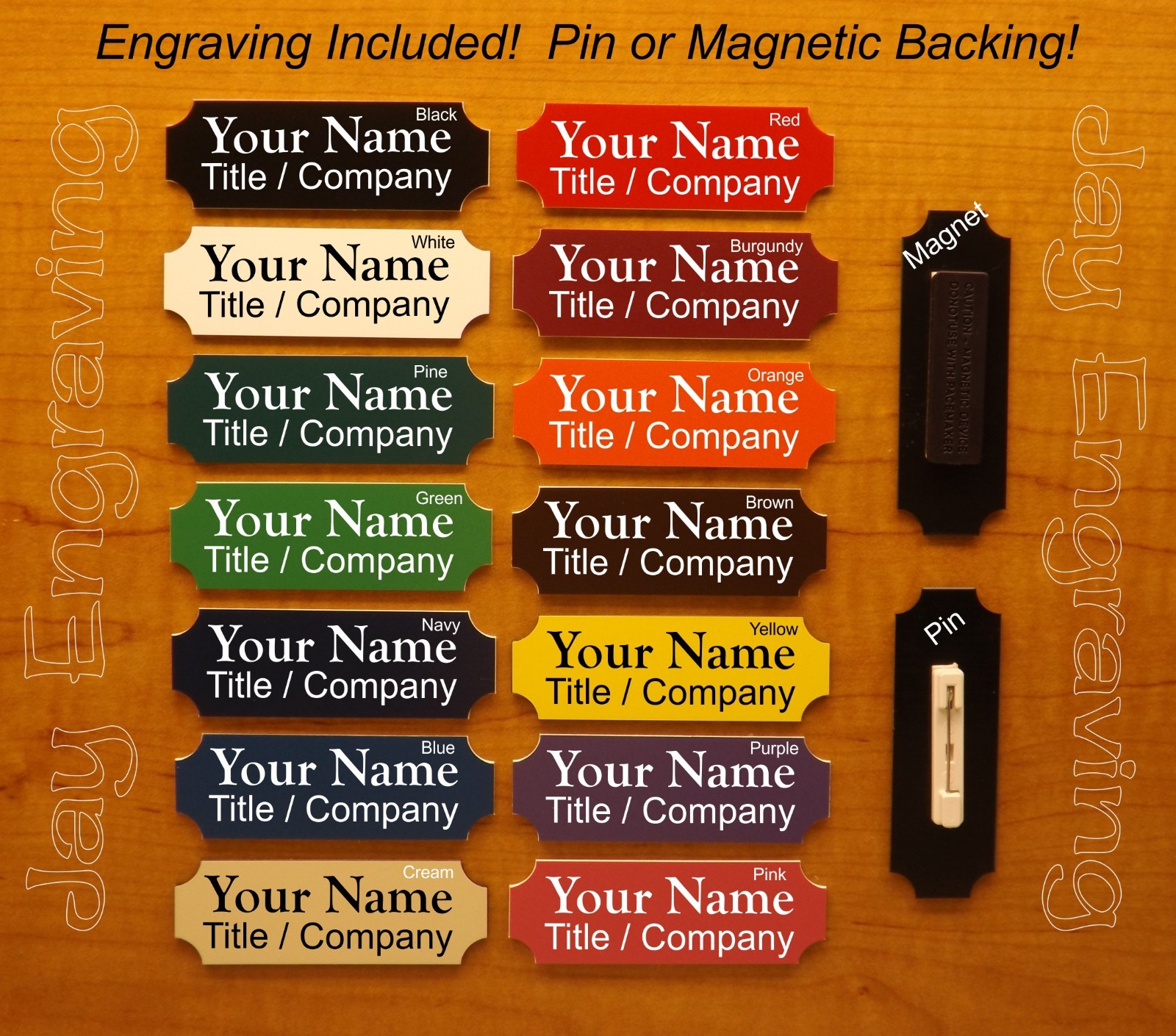 Custom Engraved 1x3 inch Name Tag with Magnetic or Pin Clasp USA Made Any Color! gallery
