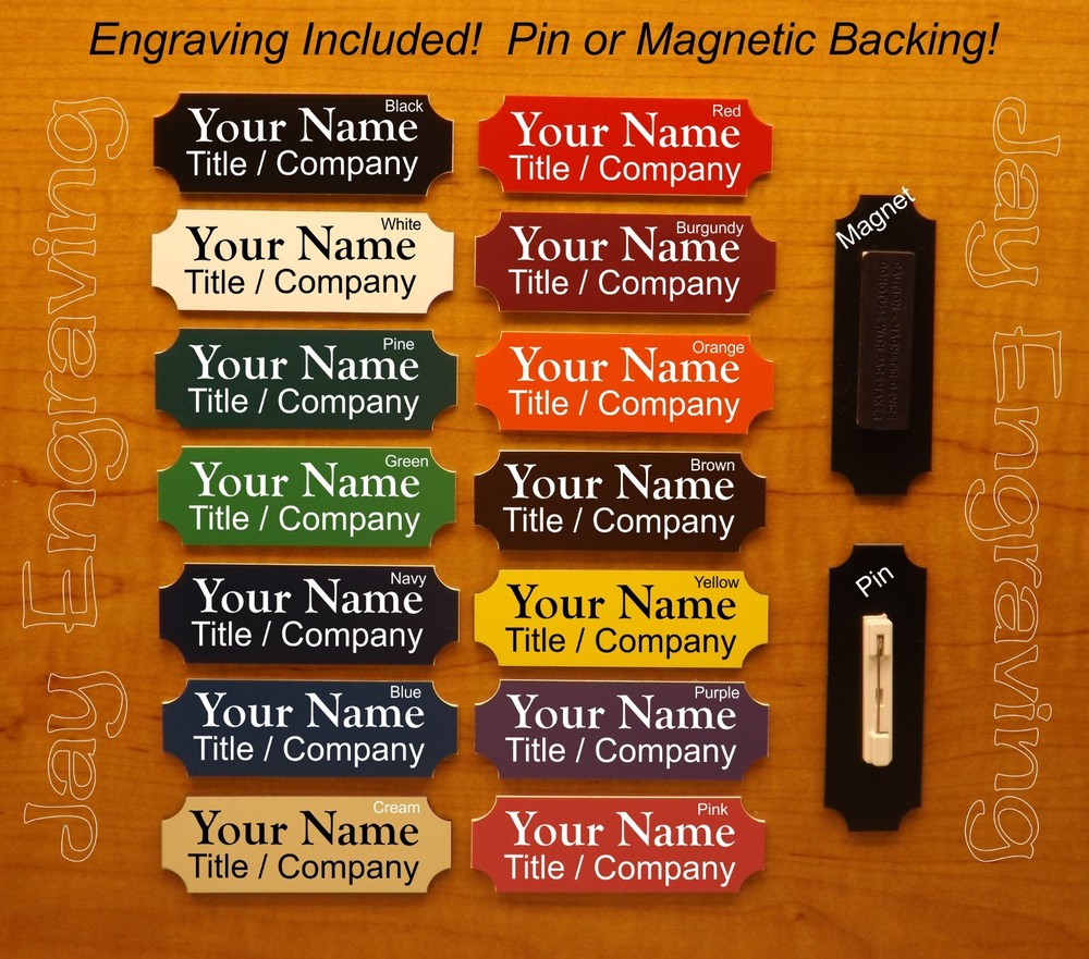 Custom Engraved 1x3 inch Name Tag with Magnetic or Pin Clasp USA Made Any Color!