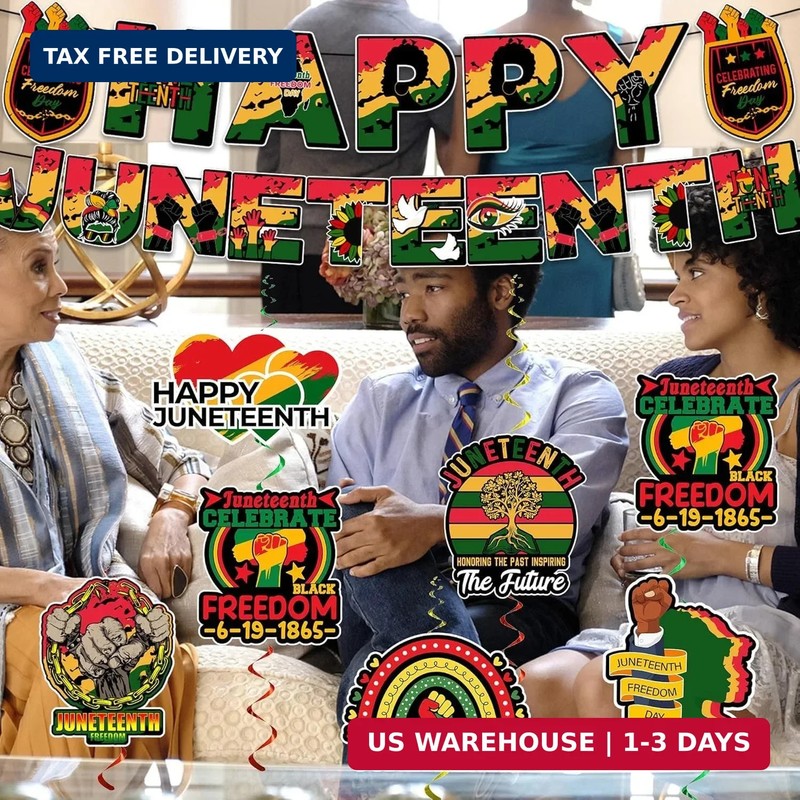 Juneteenth Decorations Banner Set Include Happy Juneteenth Banner and 12Pcs Doub gallery
