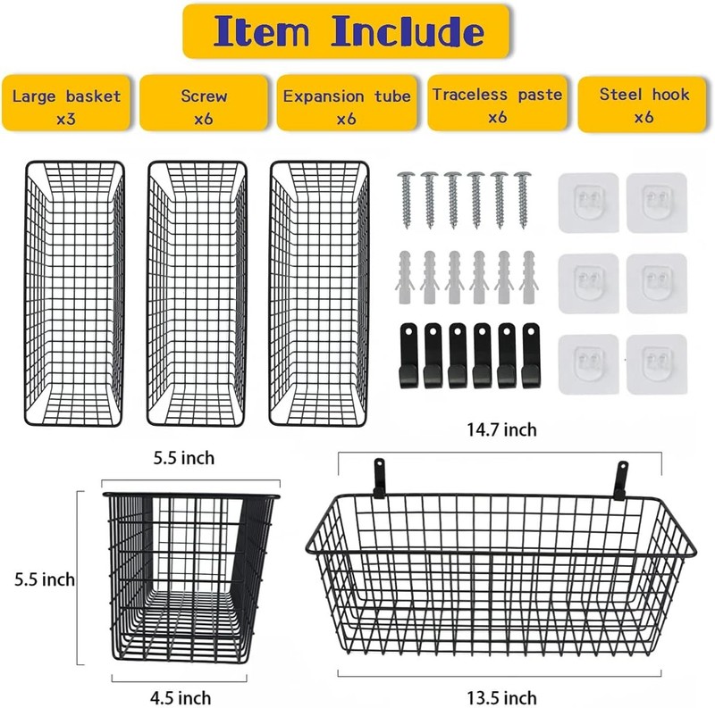3 Set [Extra Large] Hanging Wall Baskets ,Wire Basket For Storage gallery