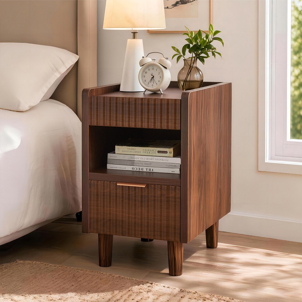 Walnut Brown Fluted Wood Nightstand, Modern Bedroom Bedside Side End Table gallery
