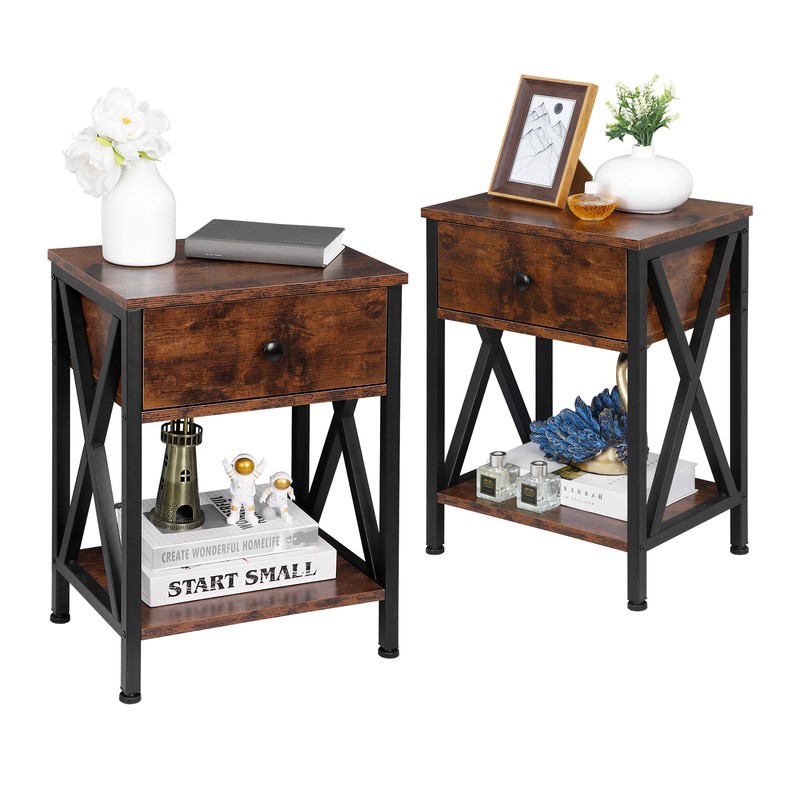 2 Pieces Home End Table Storage Display Metal Frame MDF Top with Drawer, Brown gallery