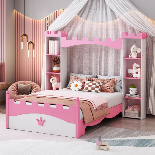 Castle-Shaped Platform Bed with Storage Shelves Both Side Wooden Bed Frames Twin gallery