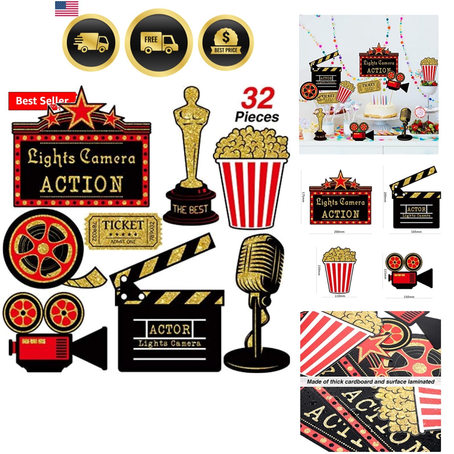 32 Pieces Movie Party Decorations Red Carpet Cutouts Cards Table Toppers Movi... gallery