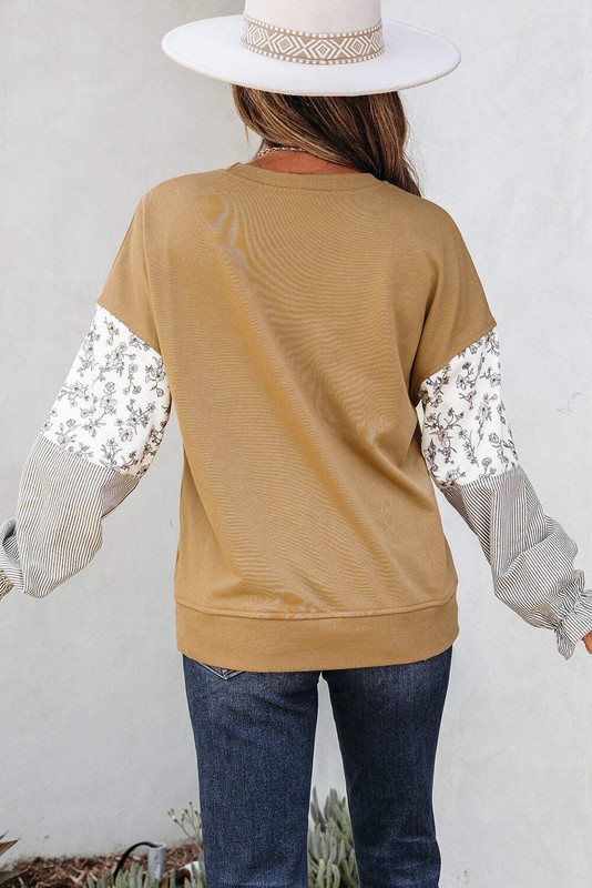 Camel Floral Striped Patchwork Ruffled Sleeve Crew Neck Sweatshirt gallery