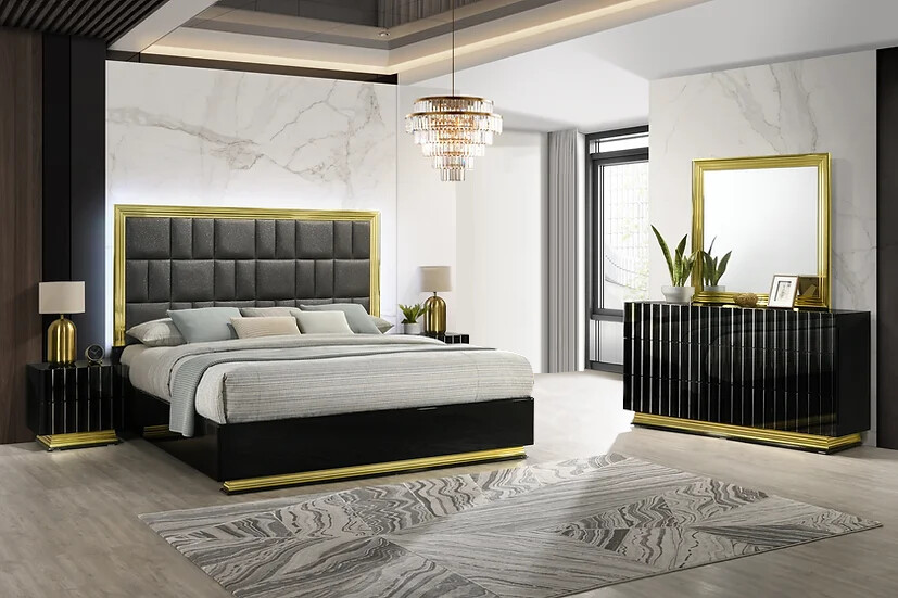 NEW Modern LED 4PC Gloss Black Gold Queen King Contemporary Bedroom Set B/D/M/N gallery