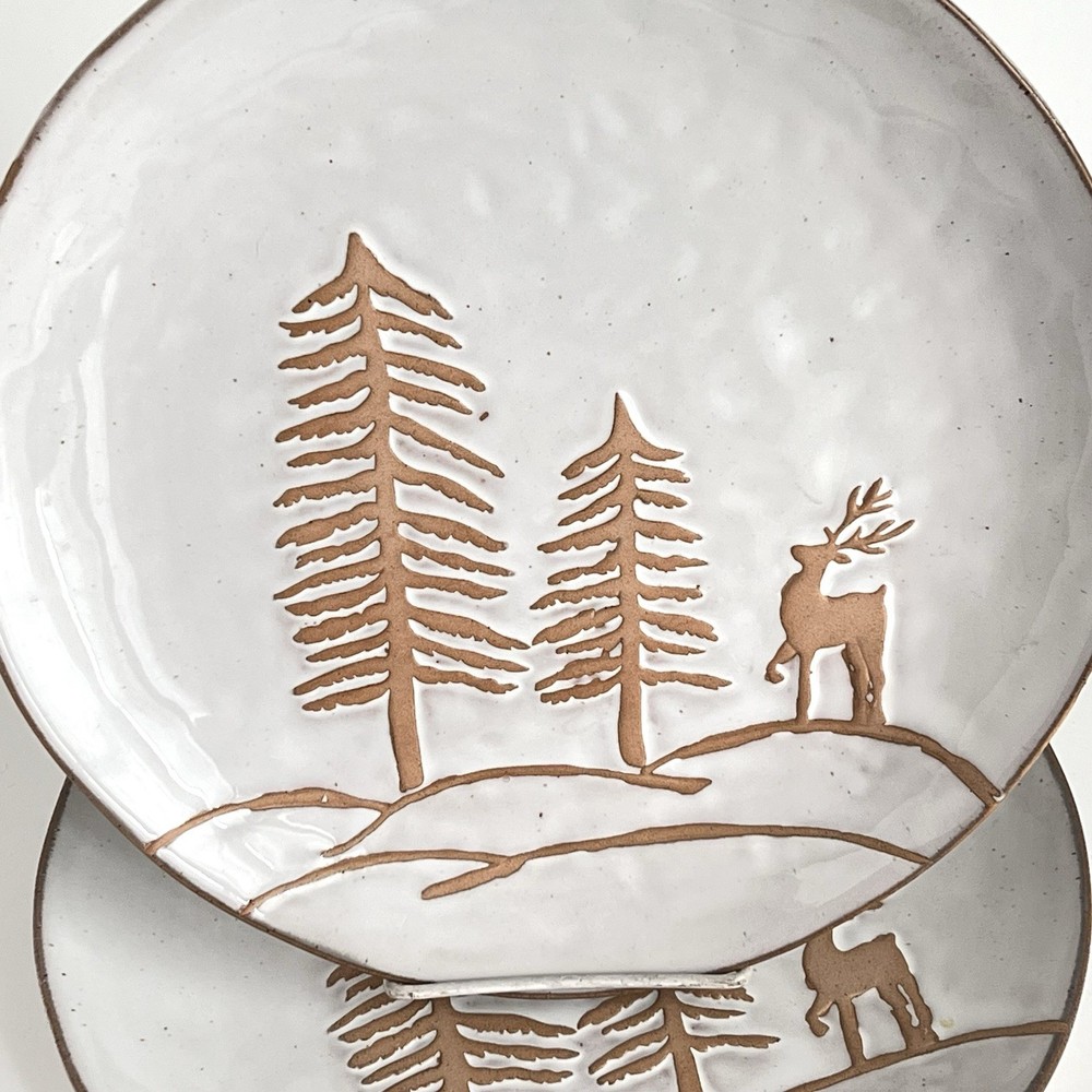 Dinner Plates 2 Winter Deer & Pine Trees Scene White 10” Stoneware Cabin Decor