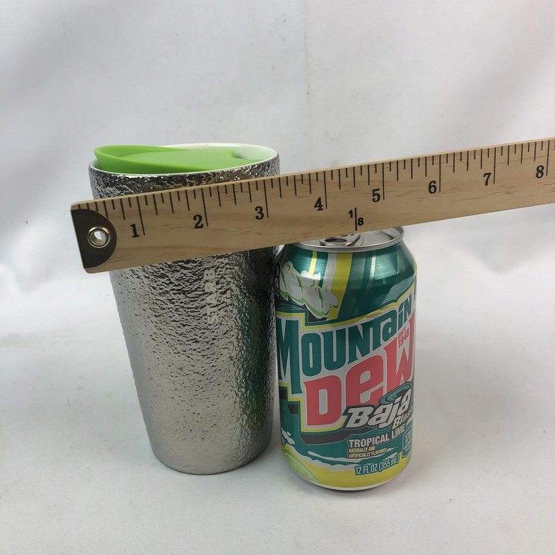 Starbucks Silver Hammered Ceramic Tumbler 12 Oz Green Lid Coffee Travel Cup NEW gallery