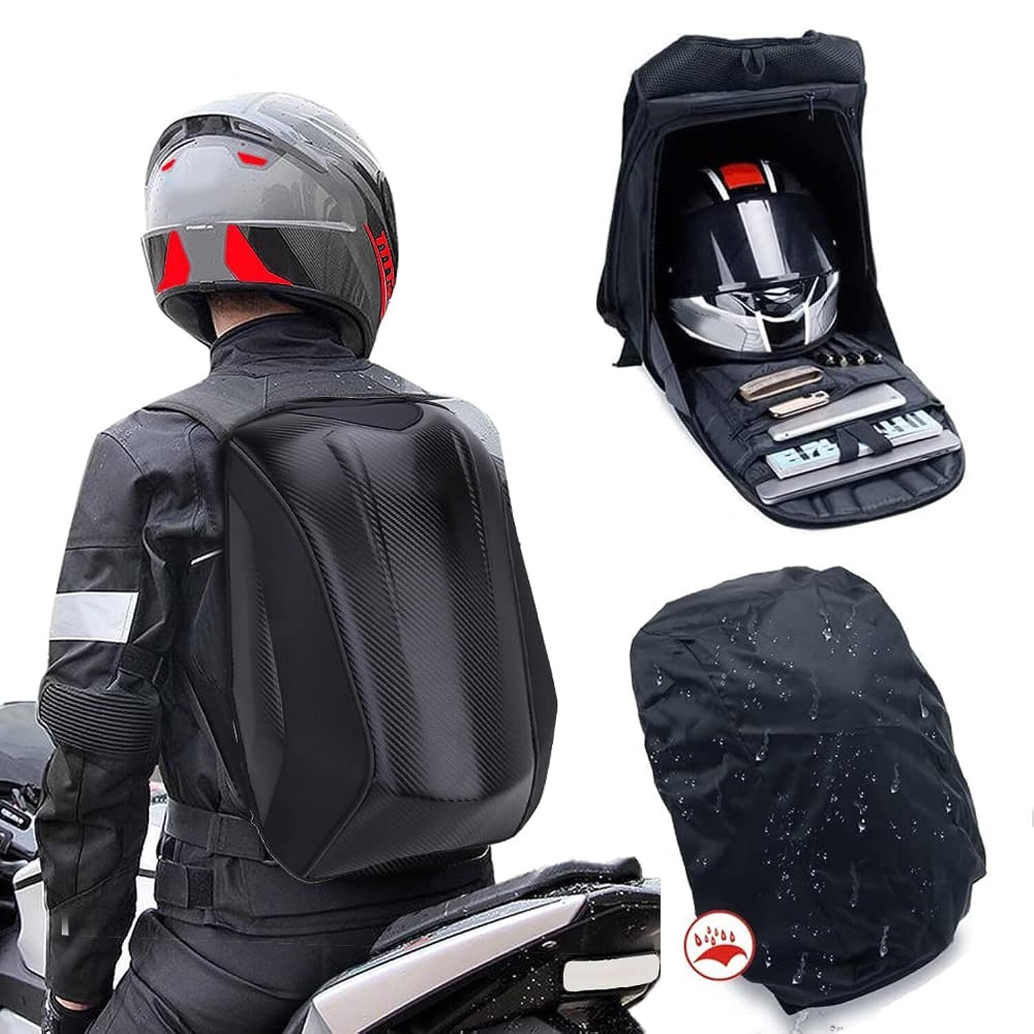 Motorcycle Backpack Hard Shell Carbon Fiber Pattern Waterproof Back Pack Saddleb gallery