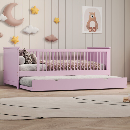 Twin Size Platform Bed Frame Wood Daybed with Trundle Kids Bed Bedroom Furniture gallery