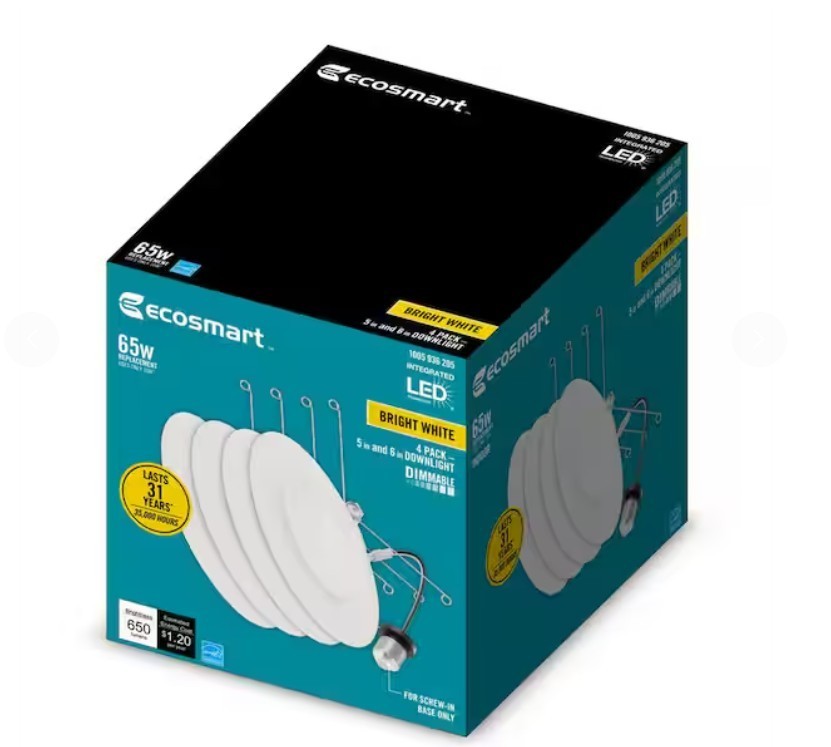 EcoSmart 65W LED Downlight 4 Pack 5-6in Dimmable Bright White E26 New in the Box gallery