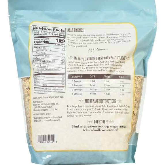 Bob's Red Mill, Old Fashioned Rolled Oats, Organic, 32 oz (2 PACK) gallery