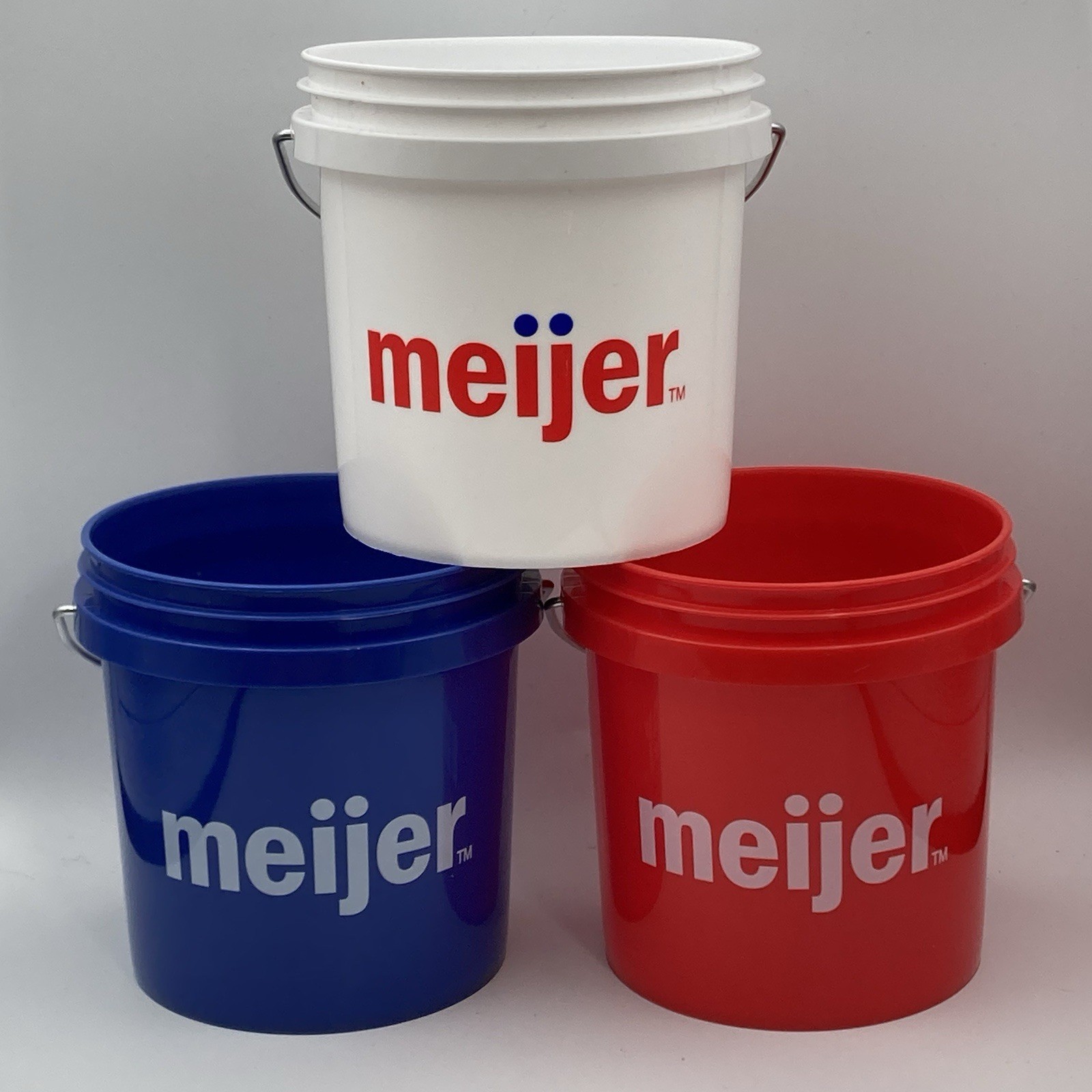 3 - Meijer Mini Buckets / 4" Tall / Red, White, & Blue / Plastic Miniature Pail gallery