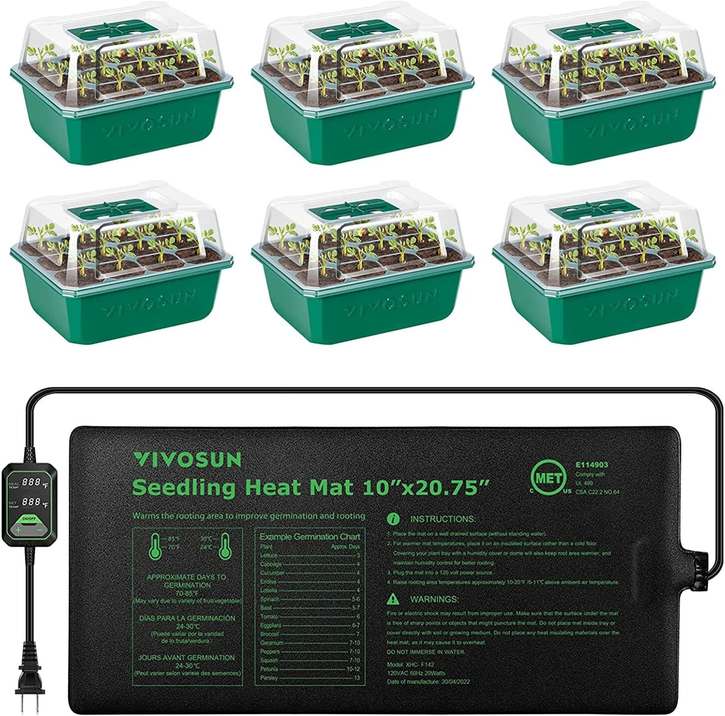VIVOSUN 6-Pack Seed Starter Trays Humidity Dome w/ 10"x20.75" Seedling Heat Mat gallery