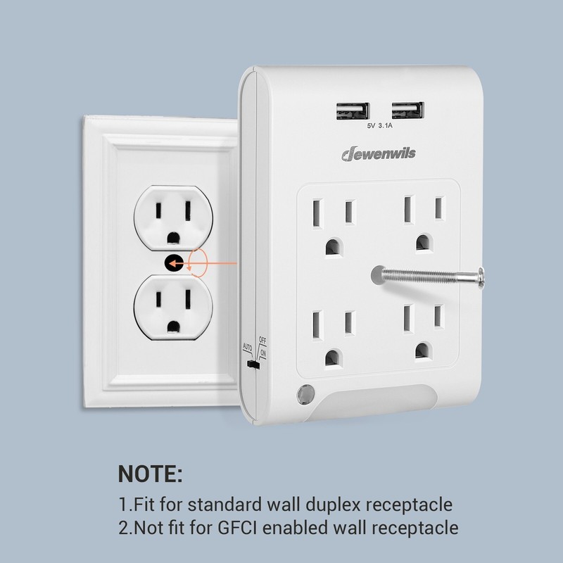 DEWENWILS Multi Wall Plug Outlet Adapter w/ 2 USB Ports Light Sensor Night Light gallery