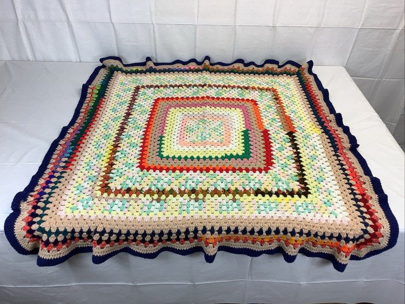 Boho handmade Crocheted Granny Square Afghan 49”x 51” Double Bed Size Vintage gallery