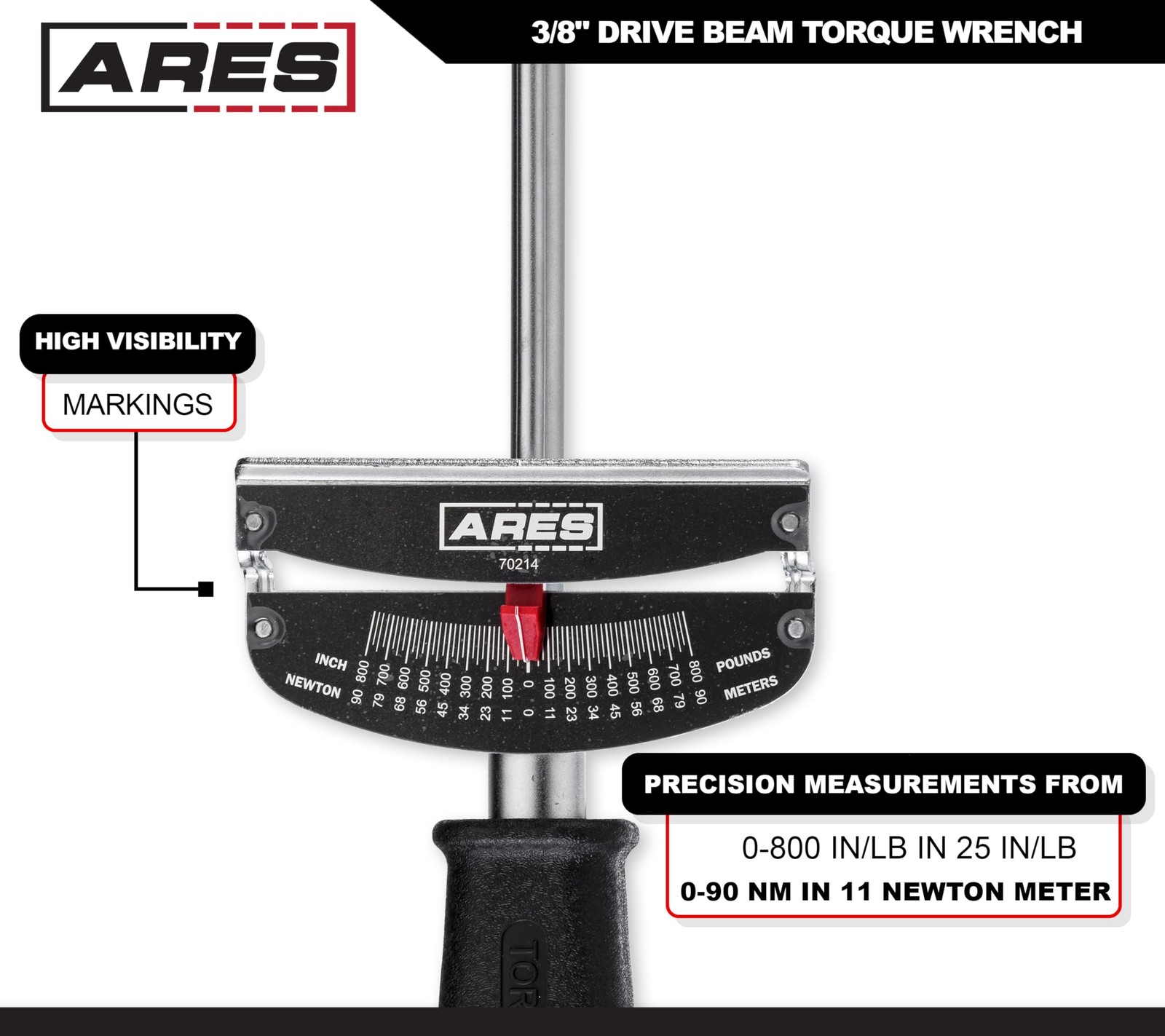 ARES 70214-3/8-inch Drive Beam Torque Wrench - 0-800 Inch/Pounds and 0-90 Newton gallery