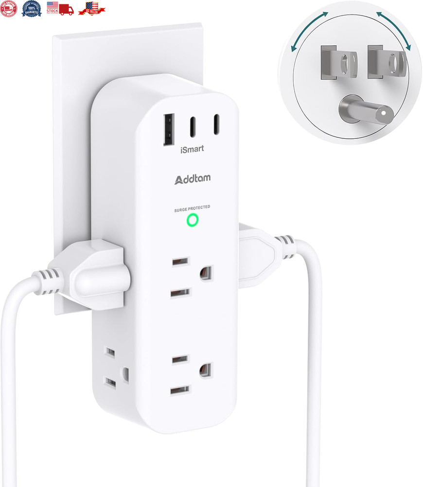 Multiple Plug Outlet Extender, 6 Wall Outlets and 3 USB Ports (2 USB C), Multi O