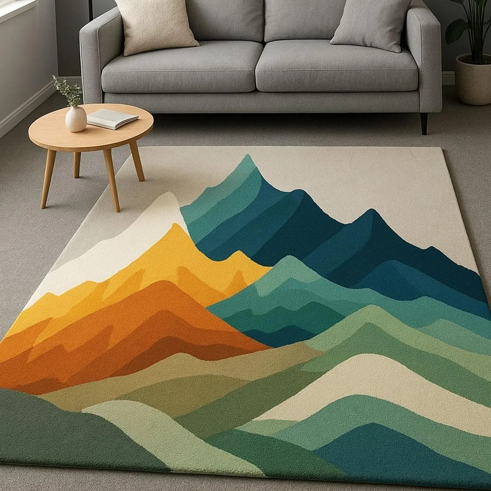 Hand Tufted 100% Nz Wool Yellow, And Multi Vibrant Mountain Design Rug gallery