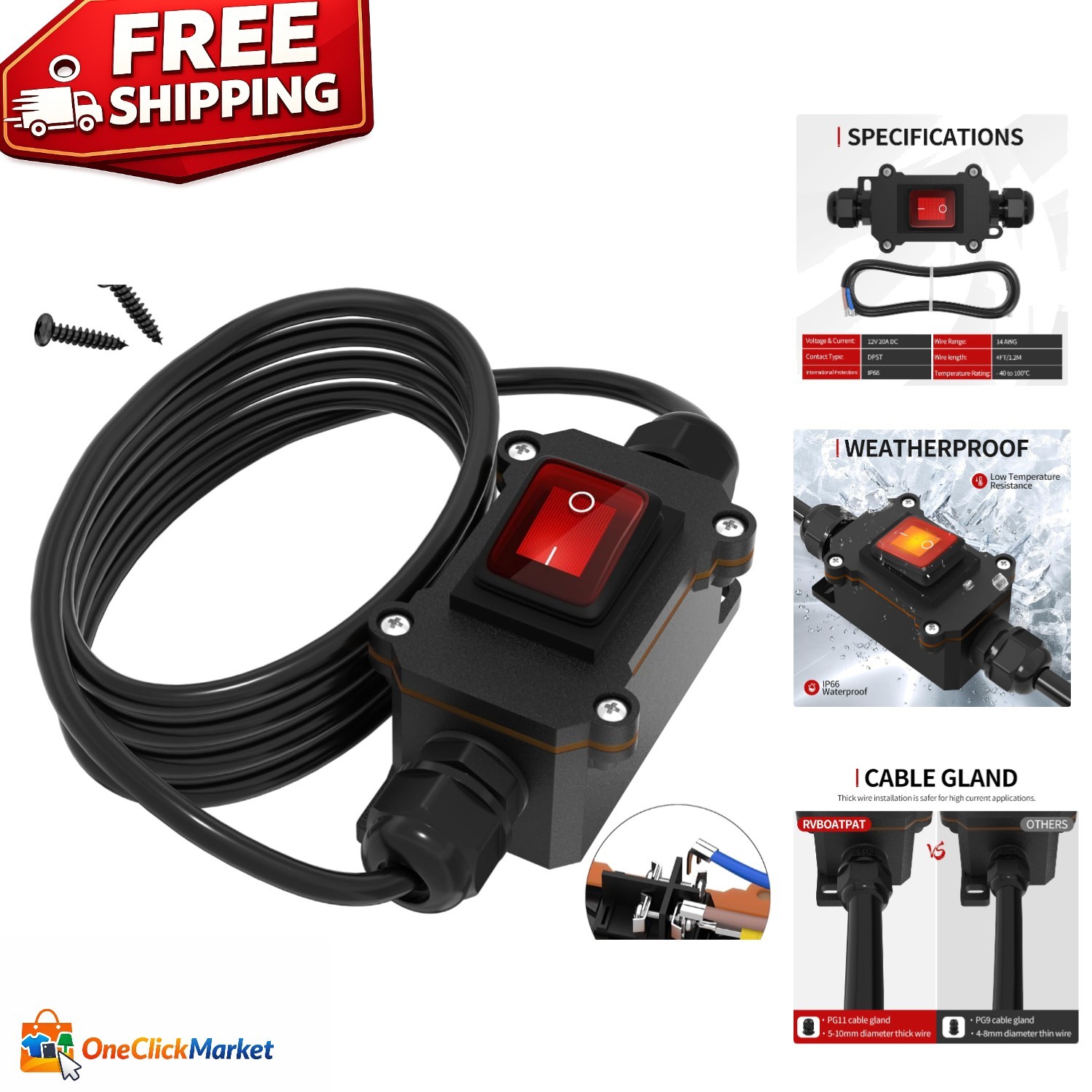 Outdoor Cord Switch 12V 20A with Red Indicator and Waterproof Seal - 4ft Wire gallery