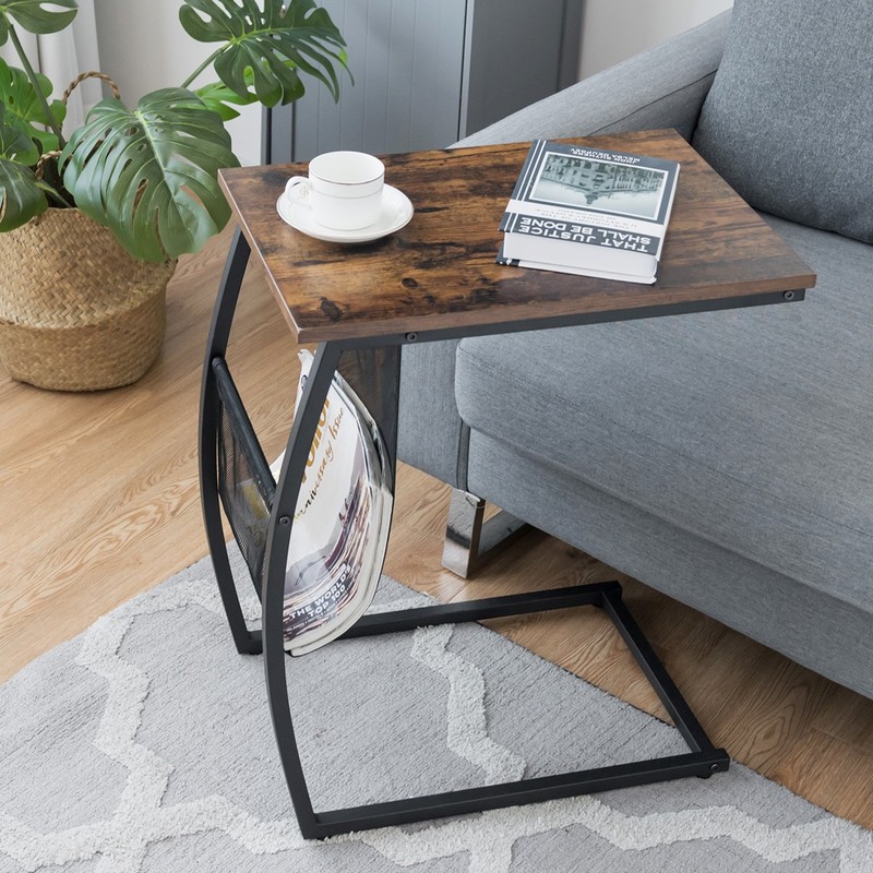 C-shaped End Side Sofa Table Vintage Accent Snack Laptop Tablet w/ Side Pocket gallery