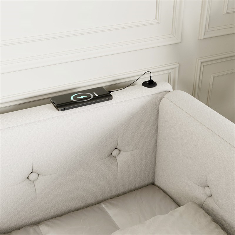 Modern Upholstered Platform Bed Frame Queen Size Daybed with USB Ports,Beige gallery